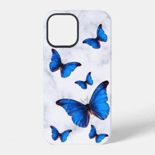 Coque iPhone 12 Bleu Morpho papillons en vol marbré