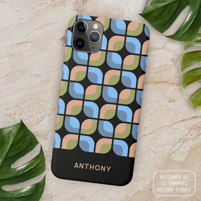 Coque iPhone Bleu Tan Beige Vert Noir Motif d'art du Midsiècle (Créateur téléchargé)