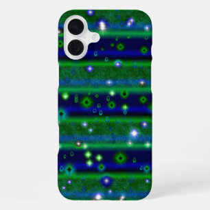 Coque iPhone 16 Plus Bleu vert rayures avec étoiles et Raindrops