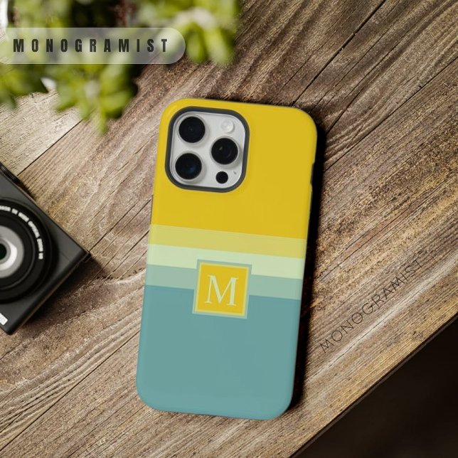 Coque iPhone Bloc de couleur bleu blanc personnalisé (Customizable Blue White Yellow Color Block iPhone Case)