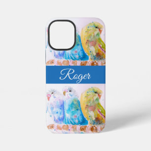 Coque iPhone 12 Mini Blue Budgie Budgies Aquarelle Nom Garçon Téléphone