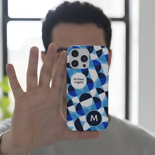 Coque iPhone Blue Geometric Mosaic Bauhaus Monogram Custom Name (Créateur téléchargé)