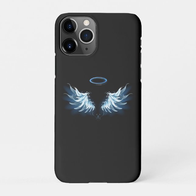 Coque iPhone Blue Glowing Angel Wings on black background (Dos)