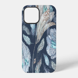 Coque iPhone 12 Boho Chic Plumes Fleurs : Aquarelle Bleu Foncé P