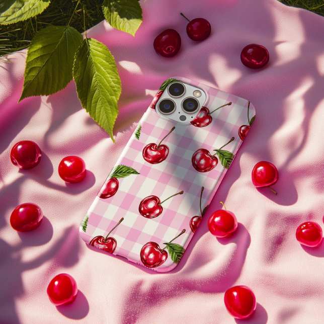Coque iPhone Boîtier téléphonique rouge En vichy rose cerise (Créateur téléchargé)