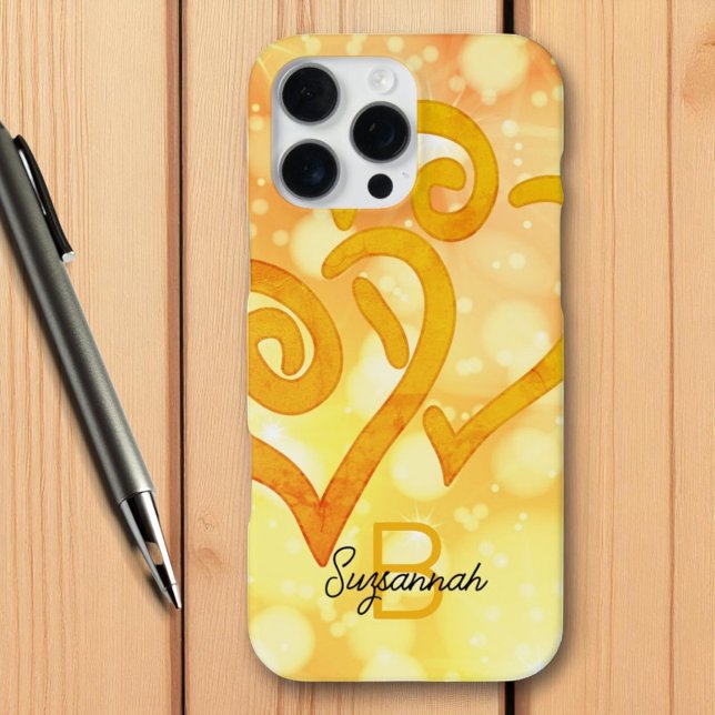 Coque iPhone Bokeh Arrière - plan Gold Linked Heart Monogramme (monogram & name template phone case back)