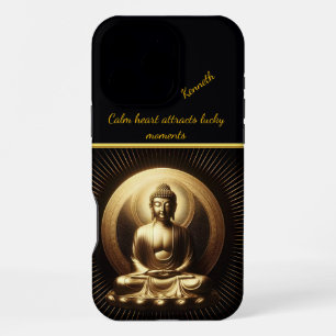 Coque iPhone 16 Pro Max Bouddha doré tranquille en méditation
