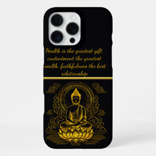 Coque iPhone 16 Pro Max Bouddha en or assis en posture de lotus.