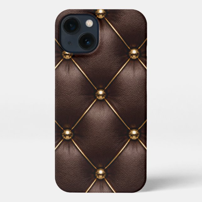 Coque iPhone Brown Quilted Leather & Gold Studs Phone Case (Verso)