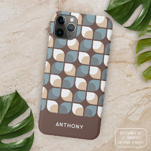 Coque iPhone 16 Pro Max Brun Tan Beige Gris Bleu Motif D'art Midcentury