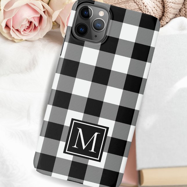 Coque iPhone Buffle noir et blanc monogramme plaqué (Monogrammed Black and White Buffalo Plaid iPhone Case - Select your phone case size, add monogram)