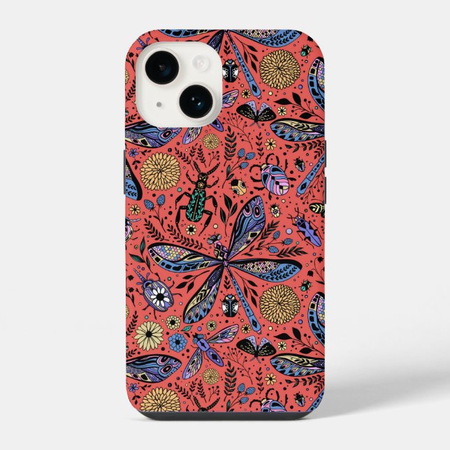 Coque iPhone Bugs de Doodle sur corail rouge (Verso)