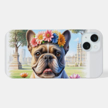 Bulldog français avec couronne de fleurs
