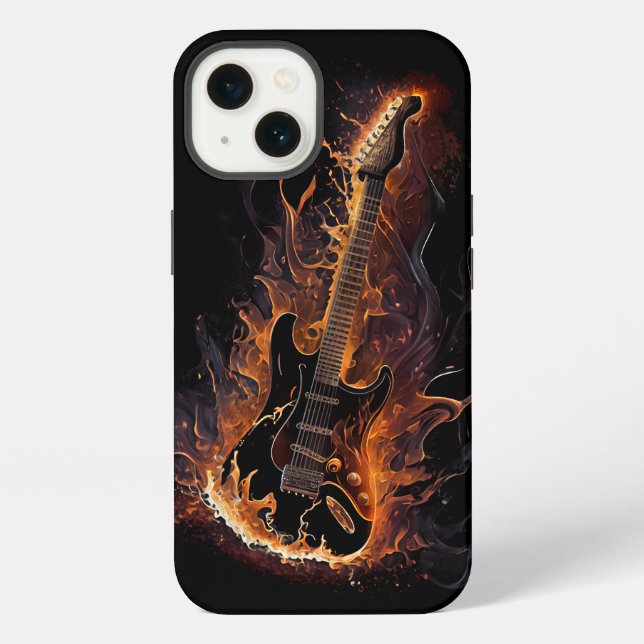 Coque iPhone Burning Guitar Black AI Art (Verso)