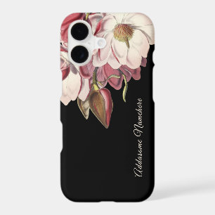 Coque iPhone C moderne noir rose magnolia floral v