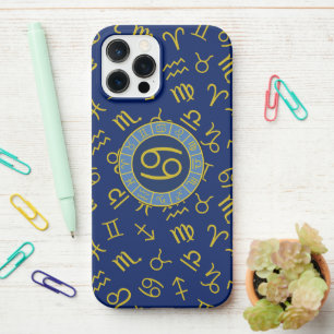 Coque iPhone 12 Pro Max Cancer Zodiac+Astrologie Symboles Motif Gold+Blues