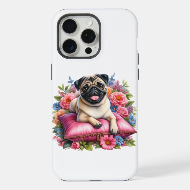 Coque iPhone Carlin Chien sur un Coussin avec Fleurs en Aquarel (Verso)