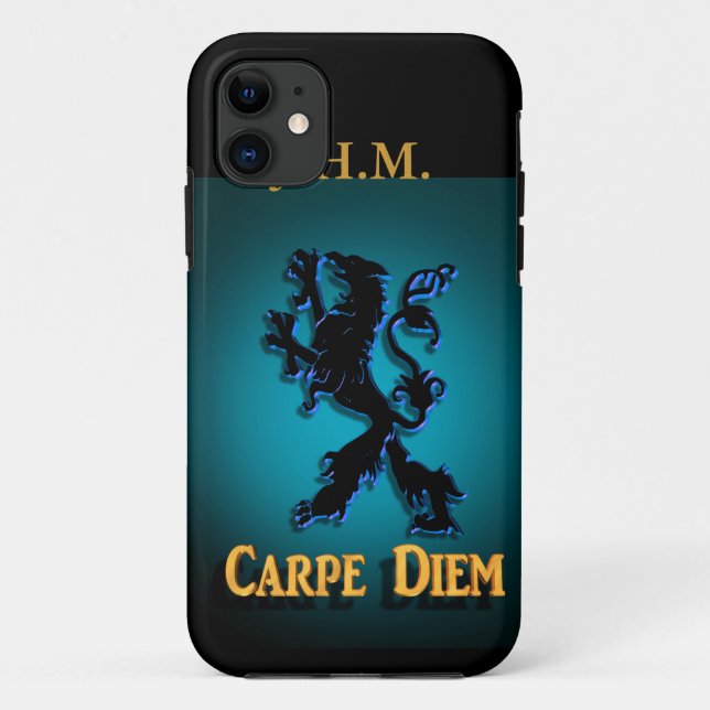 coque iphone "Carpe Diem" avec Lion noir et bleu. (Dos)