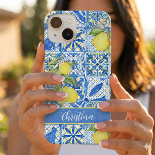 Coque Pour iPhone 14 Carreau bleu motif français de citron Provençal