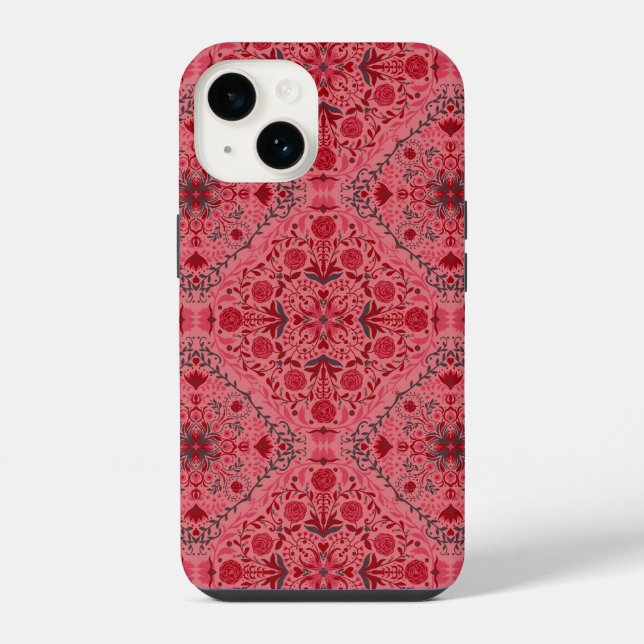 Coque iPhone Carreaux floraux en rouge et pastèque rose (Verso)