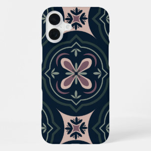 Coque iPhone 16 Plus carreaux géométriques floraux de couleur terreuse