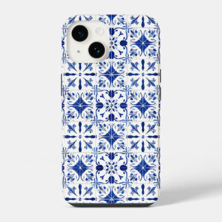 Coque Pour iPhone 14 Carreaux Méditerranéens Bleu et Blanc
