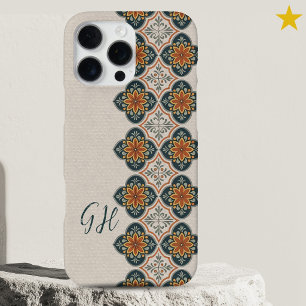 Coque iPhone 16 Pro Max Carreaux Portugais Monogramme Orange Bleu Été