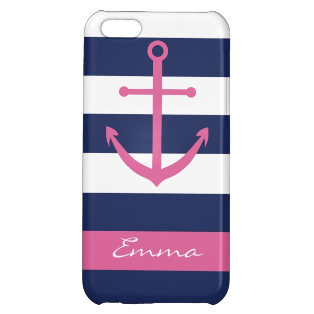 Coque iPhone Cas de monogramme d'Ancre de bleu marine et de (Dos)