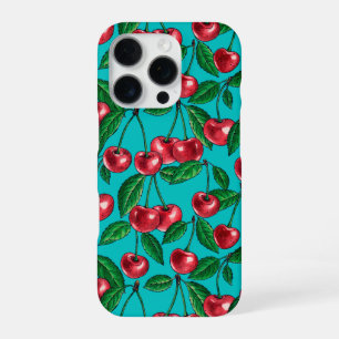 Coque iPhone 16 Pro Cerises rouges sur turquoise