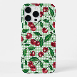Coque iPhone 16 Pro Max Cerises rouges sur vichy vert clair