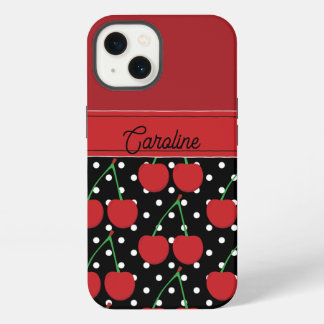 Etui iPhone 13 cerisier rouge noir pois vintage personnalisé