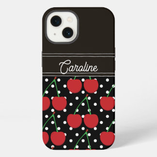 Etui iPhone 13 cerisier rouge noir pois vintage personnalisé