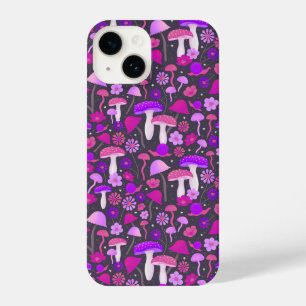 Coque Pour iPhone 14 Champignons floraux Trippy rose, violet et noir