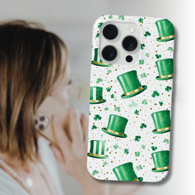 Coque iPhone Chapeaux verts dorés de luxe et trèfles blancs (Créateur téléchargé)