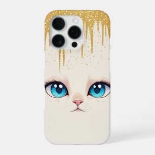 Coque iPhone 16 Pro Chat Blanc Yeux Bleus Portrait Minimaliste à la Go