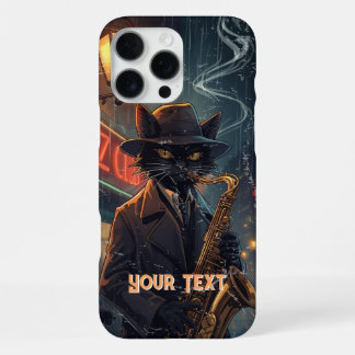 Coque iPhone 16 Pro Max Chat Noir Jouant du Saxophone Saxophoniste En Colè