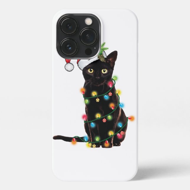 Coque iPhone Chat Noir Père Noël Tangée Dans Les Lumières De No (Verso)