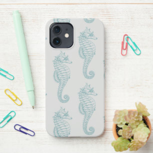 Coque iPhone 12 Chevaux de mer tropicaux, Motif hippocampe - gris 