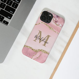 Coque Pour iPhone 14 Chic Blush Rose Agate Géode Or Script Monogramme