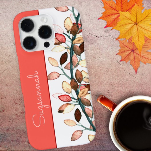 Coque iPhone Chic Coral White Fall Feuilles Nom Personnalisé (template phone case back design)