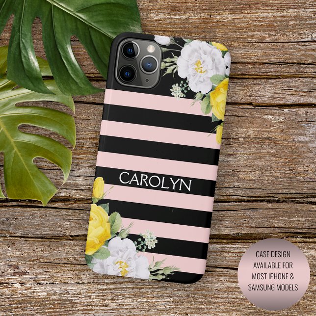 Coque iPhone Chic Jaune Chic Roses Blanches Motif Floral (Créateur téléchargé)