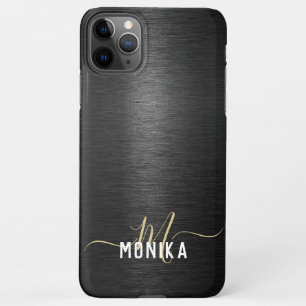 Coque iPhone 11Pro Max Chic moderne en métal brossé noir Monogramme or