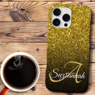 Coque iPhone 16 Pro Max Chic Monogramme Pailleté Or Ombre Prénom