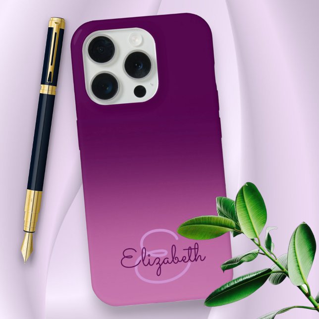 Coque iPhone Chic Purple Ombre Nom Lettre initiale Monogramme (Custom iPhone case back with monogram and name)