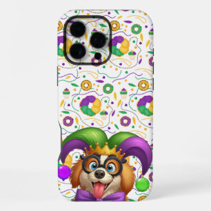 Coque iPhone 16 Pro Max Chien chiot mignon Mardi Gras en casquette jester