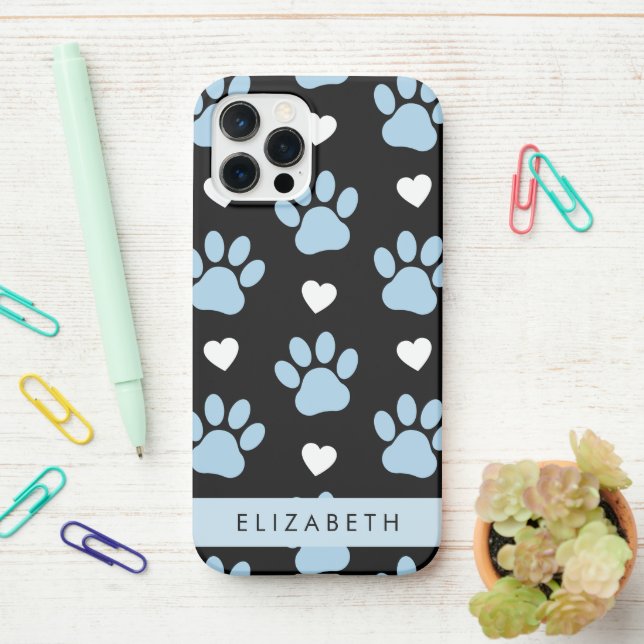 Coque iPhone Chien Paws, Blue Paws, White Hearts, Votre Nom (Sur le bureau)