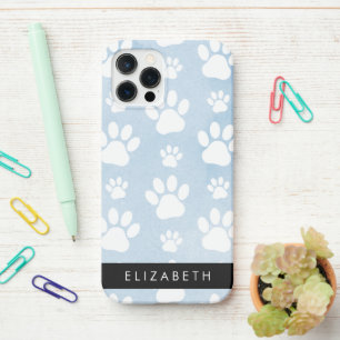 Coque iPhone 12 Pro Chien Paws, White Paws, Blue Watercolor, Votre nom