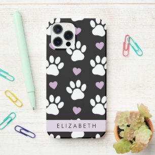 Coque iPhone 12 Pro Chien Paws, White Paws, Lilac Hearts, Votre Nom
