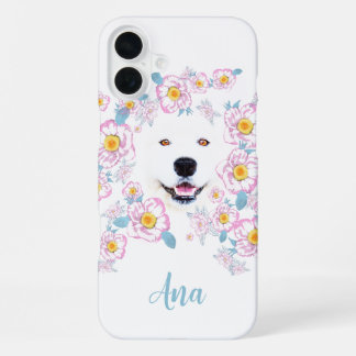 Coque iPhone 16 Plus Chien Samoyed et fleurs roses, nom customisé