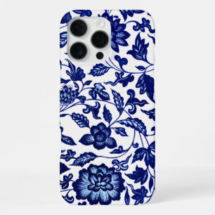 Coque iPhone 16 Pro Max Chinois bleu marine foncé motif floral sur blanc
